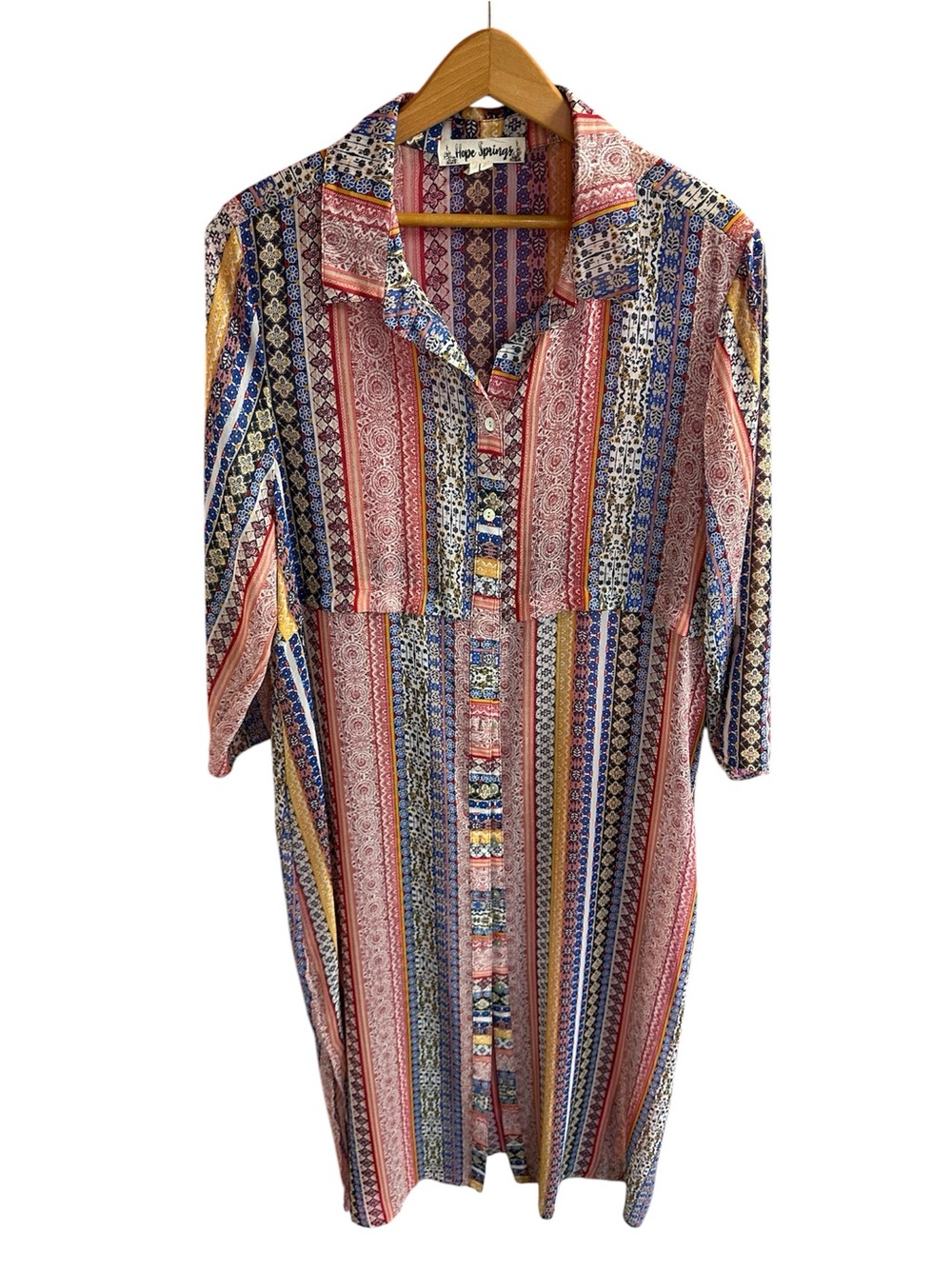 Hope Springs Multi Pattern Shirt Dress Size Large Boho Style EUC